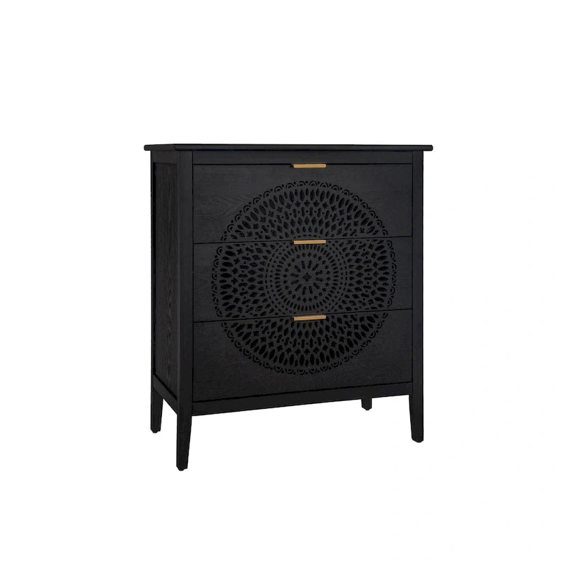 Commode à 3 tiroirs noire / beige / vert clair avec panneau mandala ajouré