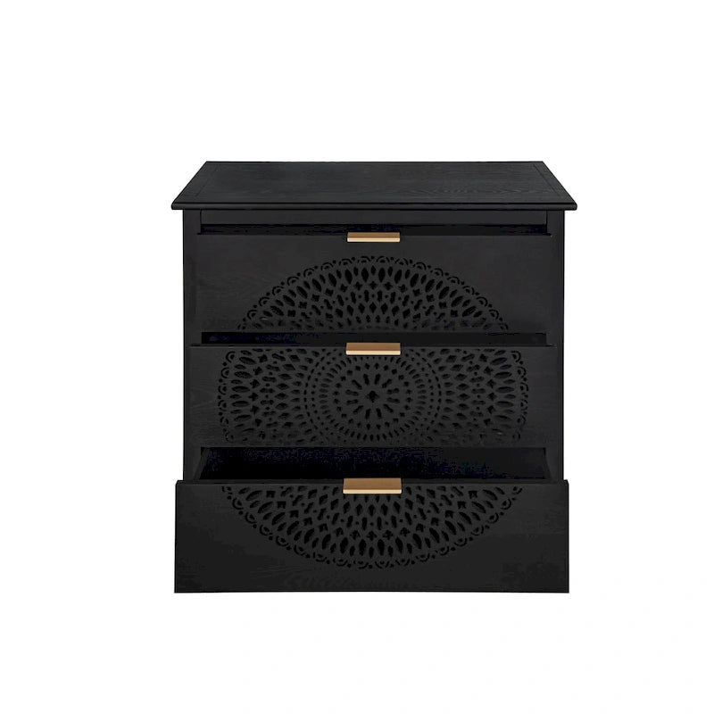 Commode à 3 tiroirs noire / beige / vert clair avec panneau mandala ajouré