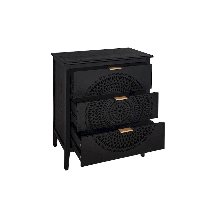 Commode à 3 tiroirs noire / beige / vert clair avec panneau mandala ajouré