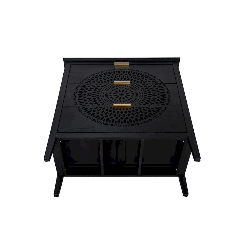 Commode à 3 tiroirs noire / beige / vert clair avec panneau mandala ajouré