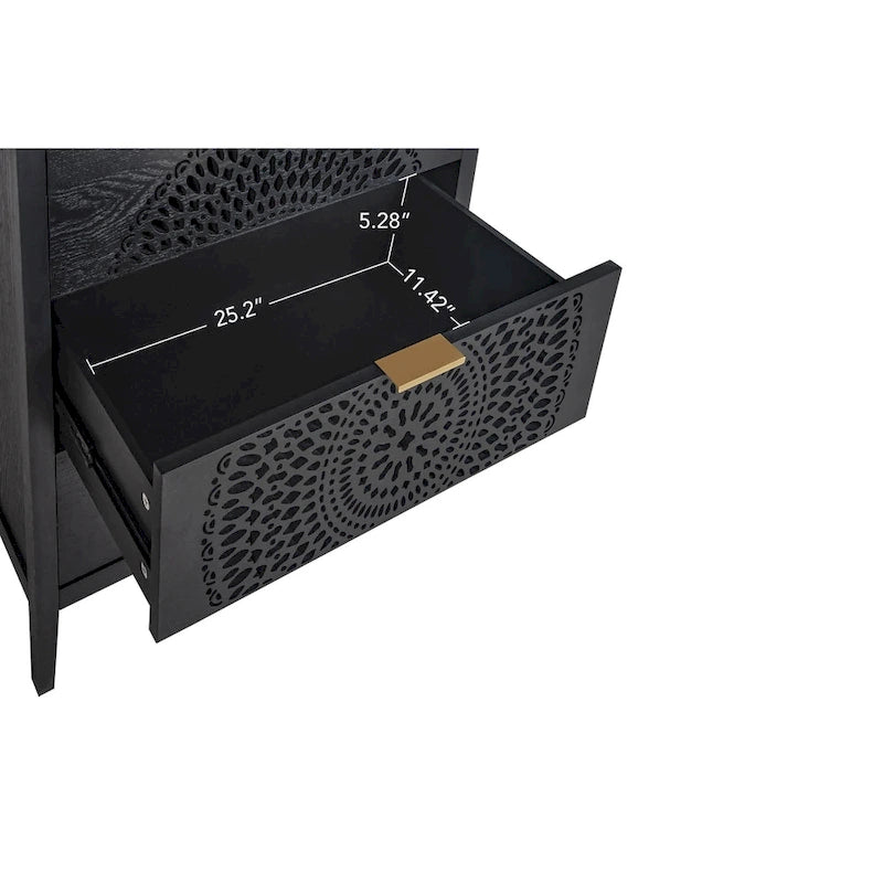 Commode à 3 tiroirs noire / beige / vert clair avec panneau mandala ajouré