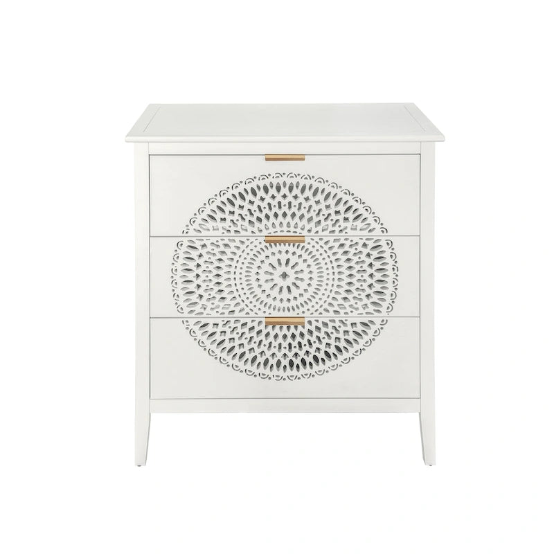 Commode à 3 tiroirs noire / beige / vert clair avec panneau mandala ajouré