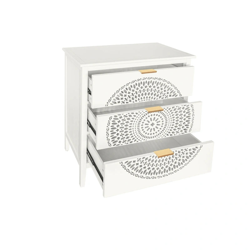 Commode à 3 tiroirs noire / beige / vert clair avec panneau mandala ajouré