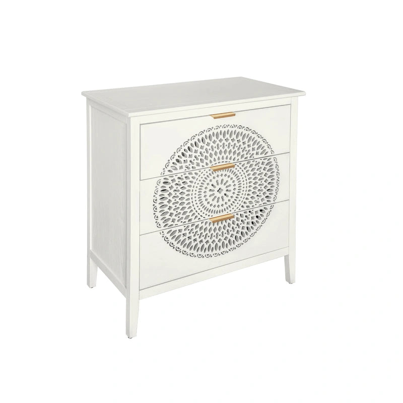 Commode à 3 tiroirs noire / beige / vert clair avec panneau mandala ajouré