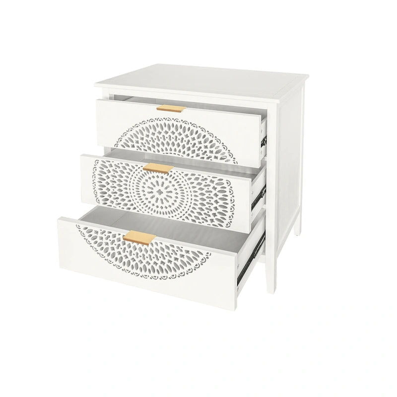 Commode à 3 tiroirs noire / beige / vert clair avec panneau mandala ajouré