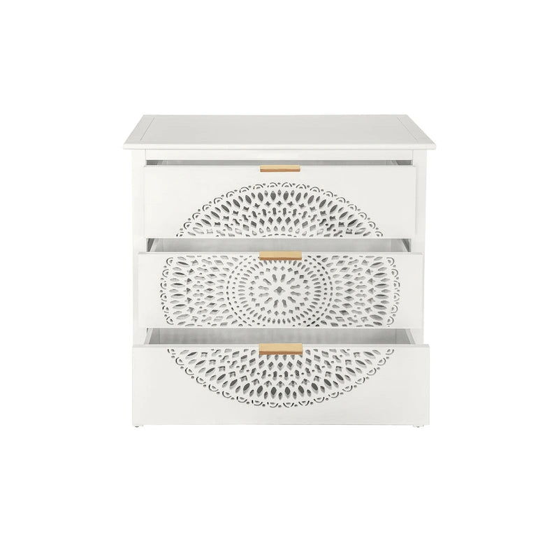 Commode à 3 tiroirs noire / beige / vert clair avec panneau mandala ajouré