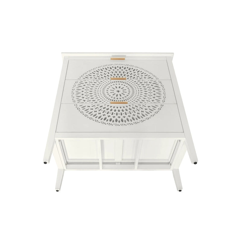Commode à 3 tiroirs noire / beige / vert clair avec panneau mandala ajouré