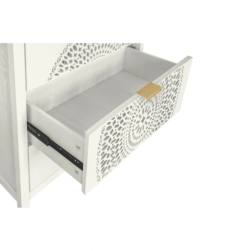Commode à 3 tiroirs noire / beige / vert clair avec panneau mandala ajouré