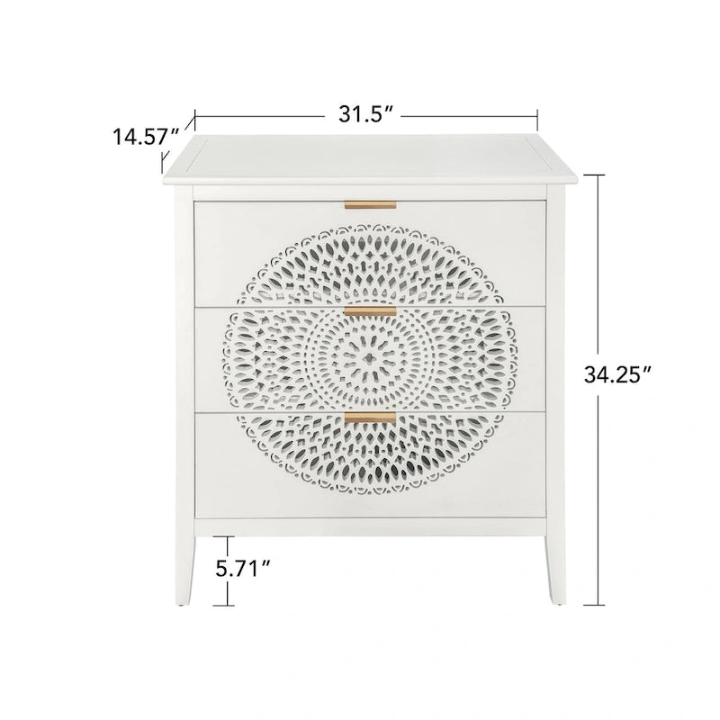 Commode à 3 tiroirs noire / beige / vert clair avec panneau mandala ajouré