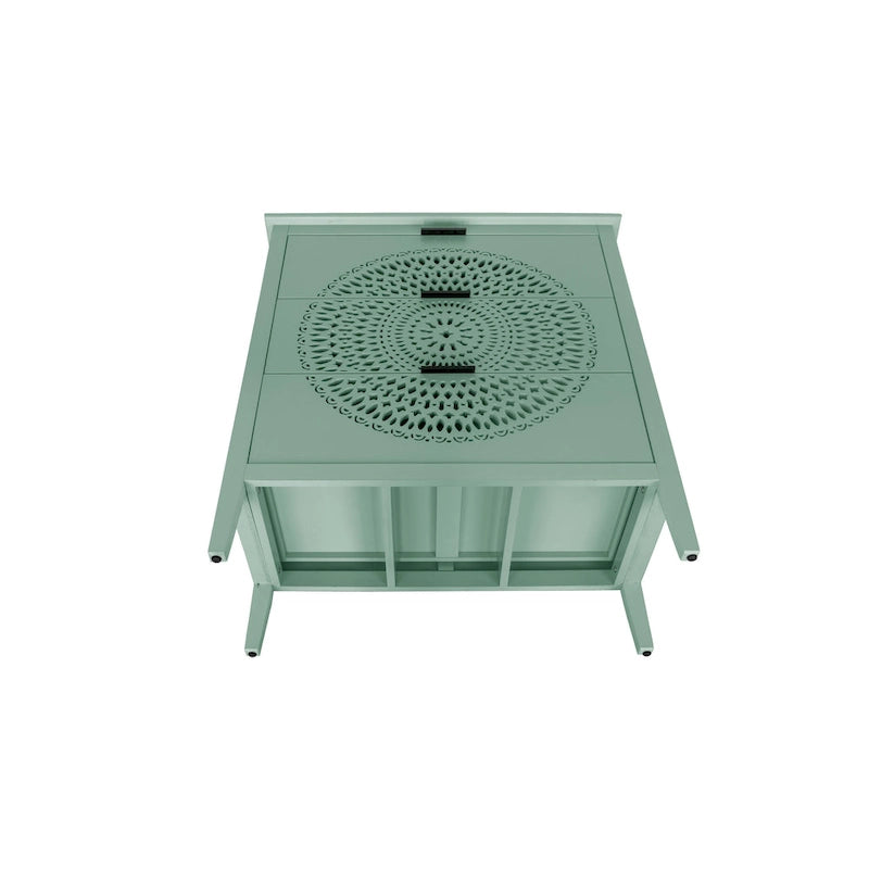 Commode à 3 tiroirs noire / beige / vert clair avec panneau mandala ajouré