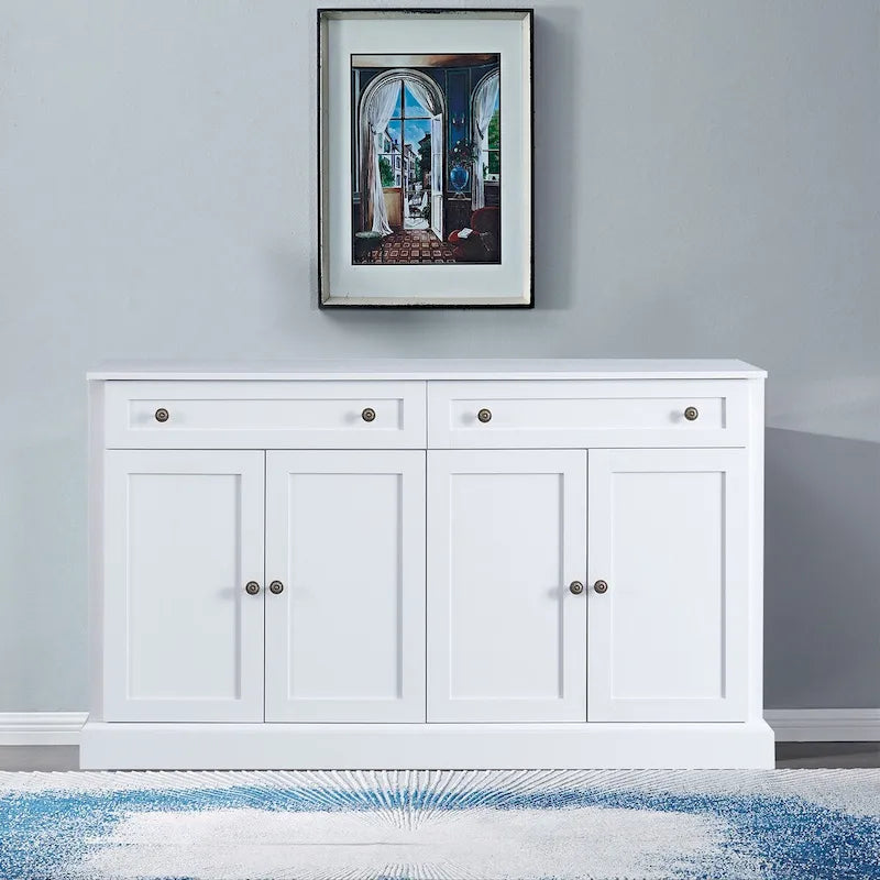 Bahut en bois minimaliste blanc/blanc antique, 2 tiroirs et 2 portes