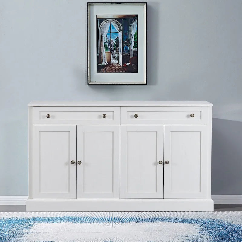 Bahut en bois minimaliste blanc/blanc antique, 2 tiroirs et 2 portes