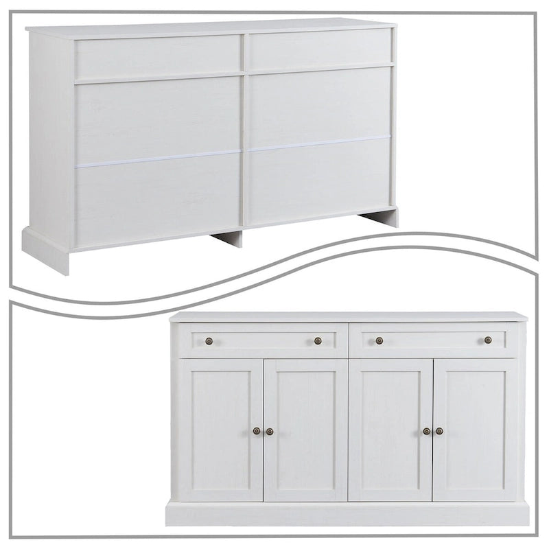 Bahut en bois minimaliste blanc/blanc antique, 2 tiroirs et 2 portes