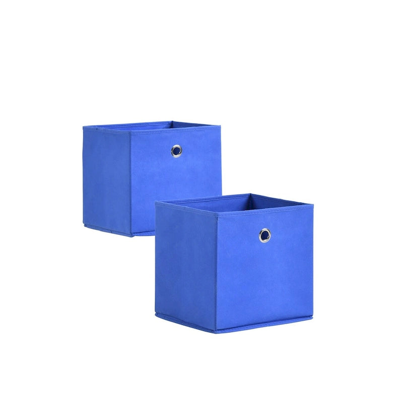 Organisateur de rangement blanc à 6 casiers avec 2 tiroirs en tissu bleu marine, style casier