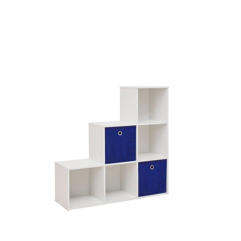 Organisateur de rangement blanc à 6 casiers avec 2 tiroirs en tissu bleu marine, style casier
