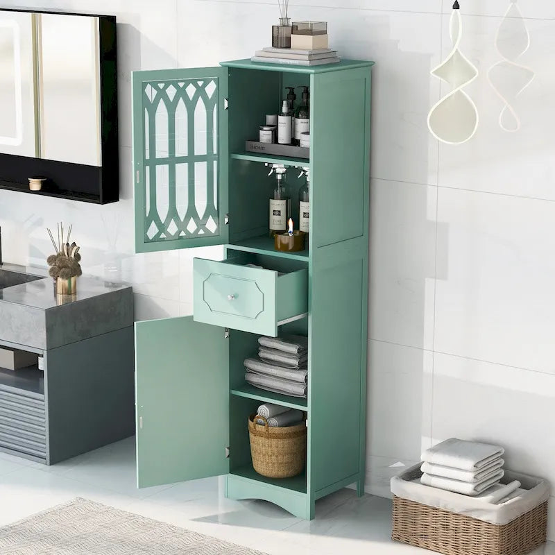 Meuble de rangement haut autoportant gris/vert/blanc/noir avec porte à croisillons, tiroir et étagère réglable