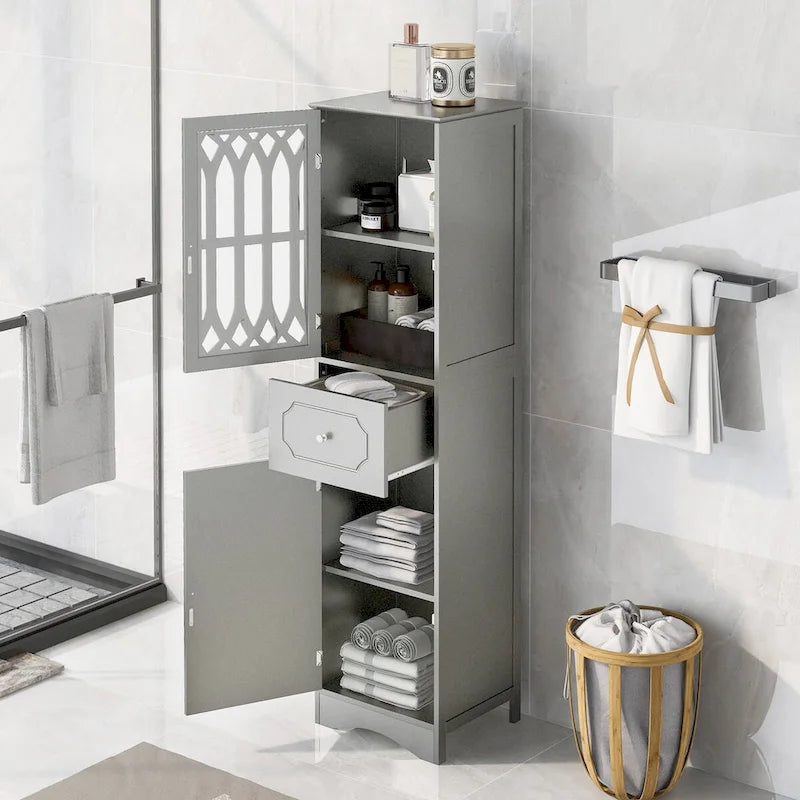 Meuble de rangement haut autoportant gris/vert/blanc/noir avec porte à croisillons, tiroir et étagère réglable