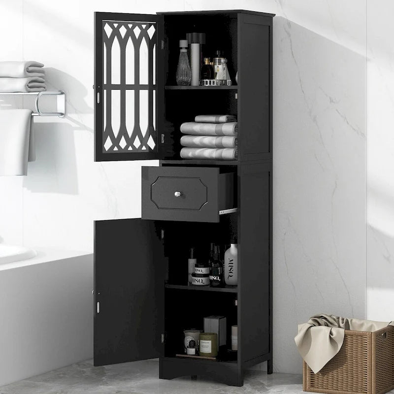 Meuble de rangement haut autoportant gris/vert/blanc/noir avec porte à croisillons, tiroir et étagère réglable