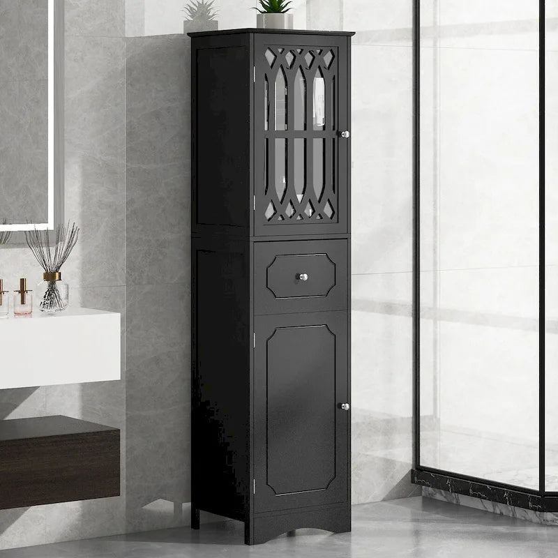 Meuble de rangement haut autoportant gris/vert/blanc/noir avec porte à croisillons, tiroir et étagère réglable