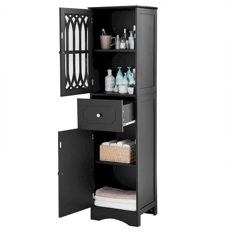 Meuble de rangement haut autoportant gris/vert/blanc/noir avec porte à croisillons, tiroir et étagère réglable