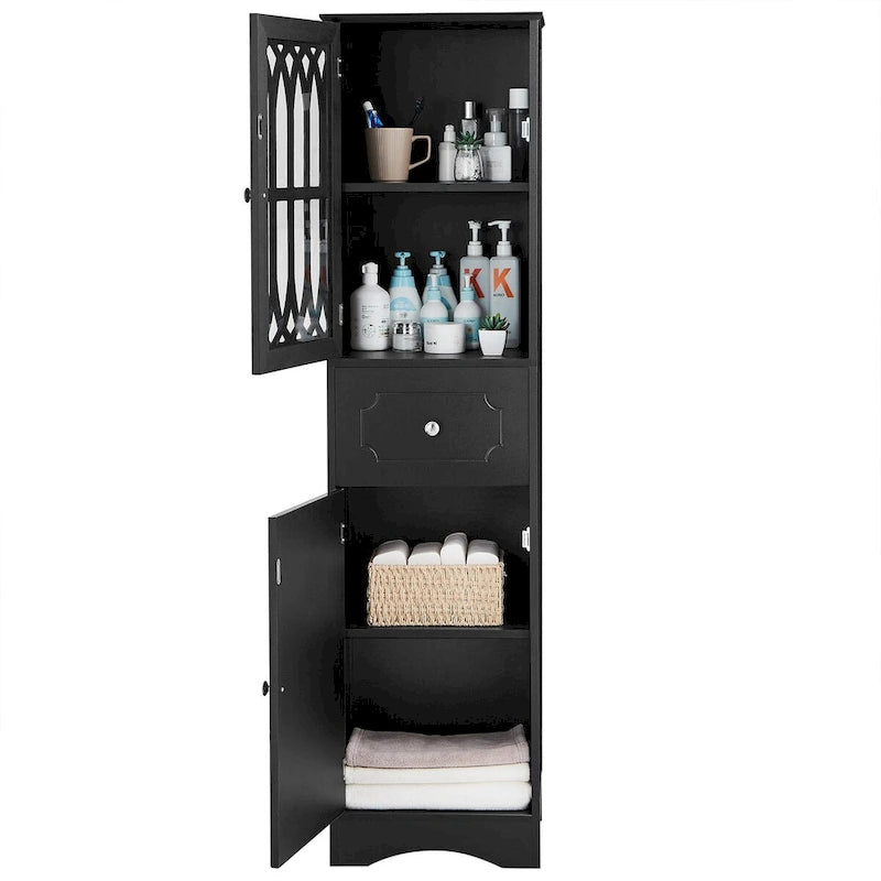 Meuble de rangement haut autoportant gris/vert/blanc/noir avec porte à croisillons, tiroir et étagère réglable