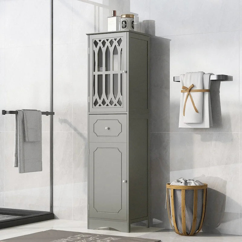 Meuble de rangement haut autoportant gris/vert/blanc/noir avec porte à croisillons, tiroir et étagère réglable
