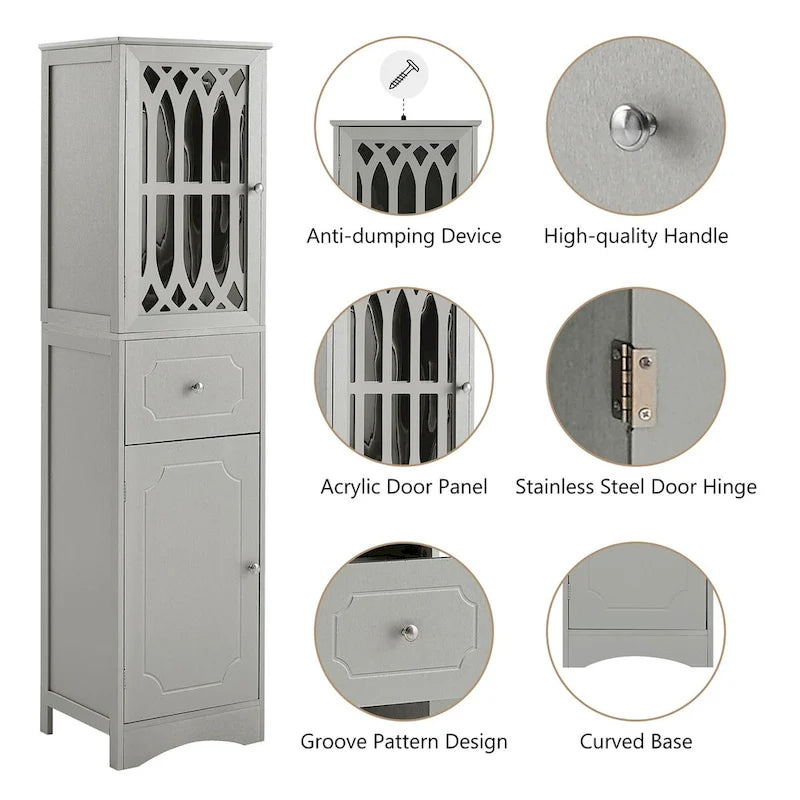 Meuble de rangement haut autoportant gris/vert/blanc/noir avec porte à croisillons, tiroir et étagère réglable