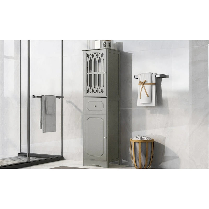 Meuble de rangement haut autoportant gris/vert/blanc/noir avec porte à croisillons, tiroir et étagère réglable