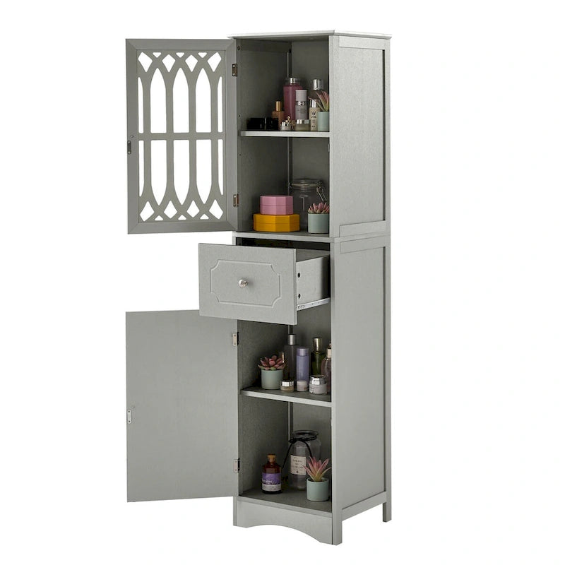 Meuble de rangement haut autoportant gris/vert/blanc/noir avec porte à croisillons, tiroir et étagère réglable