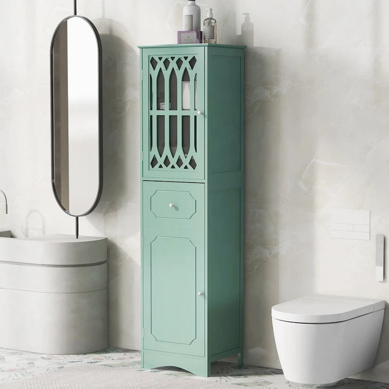 Meuble de rangement haut autoportant gris/vert/blanc/noir avec porte à croisillons, tiroir et étagère réglable