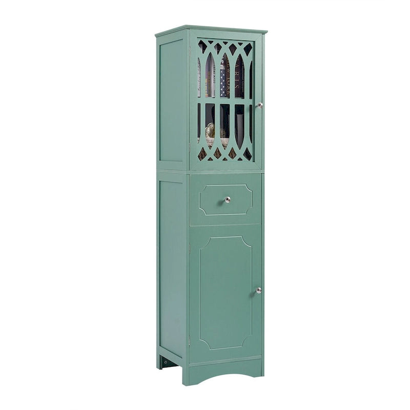 Meuble de rangement haut autoportant gris/vert/blanc/noir avec porte à croisillons, tiroir et étagère réglable