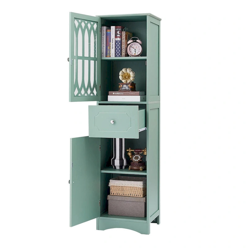 Meuble de rangement haut autoportant gris/vert/blanc/noir avec porte à croisillons, tiroir et étagère réglable