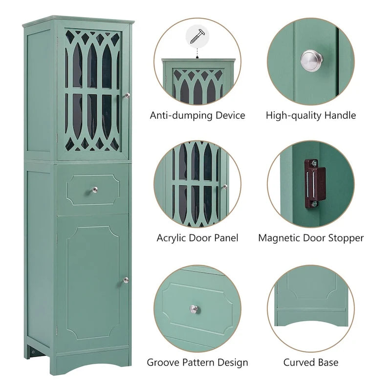 Meuble de rangement haut autoportant gris/vert/blanc/noir avec porte à croisillons, tiroir et étagère réglable