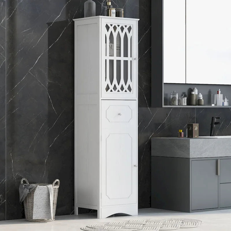 Meuble de rangement haut autoportant gris/vert/blanc/noir avec porte à croisillons, tiroir et étagère réglable