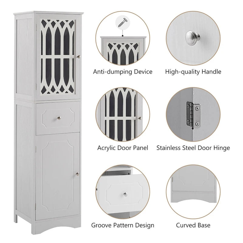 Meuble de rangement haut autoportant gris/vert/blanc/noir avec porte à croisillons, tiroir et étagère réglable