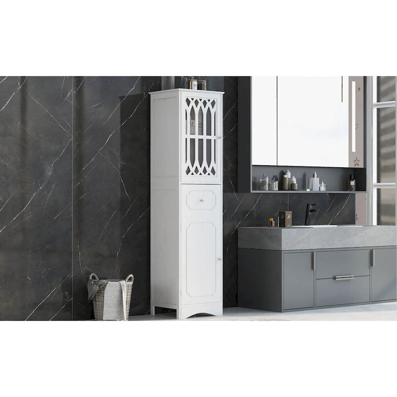 Meuble de rangement haut autoportant gris/vert/blanc/noir avec porte à croisillons, tiroir et étagère réglable