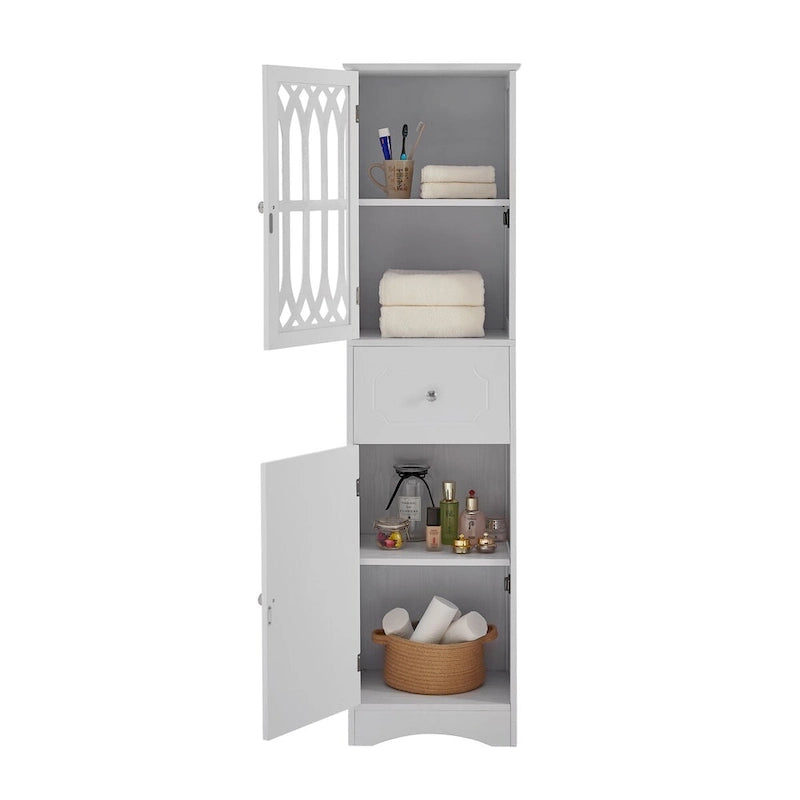 Meuble de rangement haut autoportant gris/vert/blanc/noir avec porte à croisillons, tiroir et étagère réglable