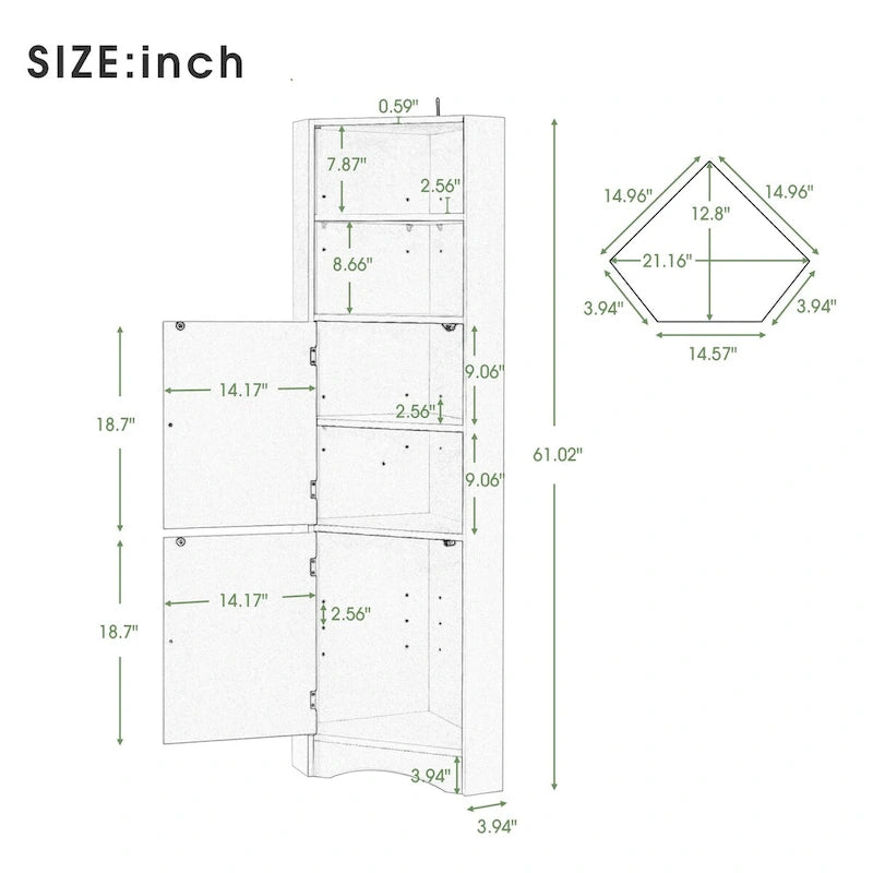 Meuble d'angle de rangement vert, finition bois, 2 portes et étagères réglables, montage par 1 personne