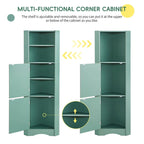 Meuble d'angle de rangement vert, finition bois, 2 portes et étagères réglables, montage par 1 personne