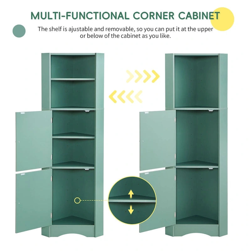 Meuble d'angle de rangement vert, finition bois, 2 portes et étagères réglables, montage par 1 personne