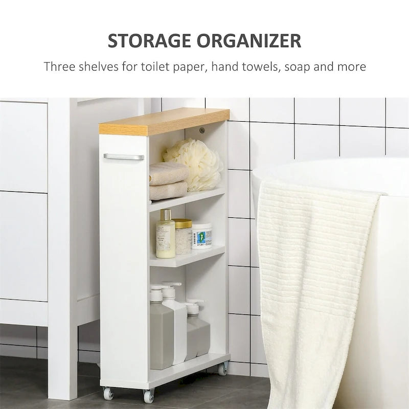 Chariot de Rangement de Salle de Bain Fin sur Roulettes Blanc, 3 Niveaux, Utilisation 1 Personne