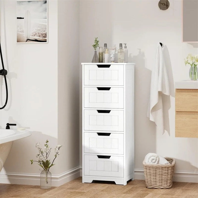 Meuble de rangement au sol à 5 tiroirs, finition bois blanc, pour 1 personne
