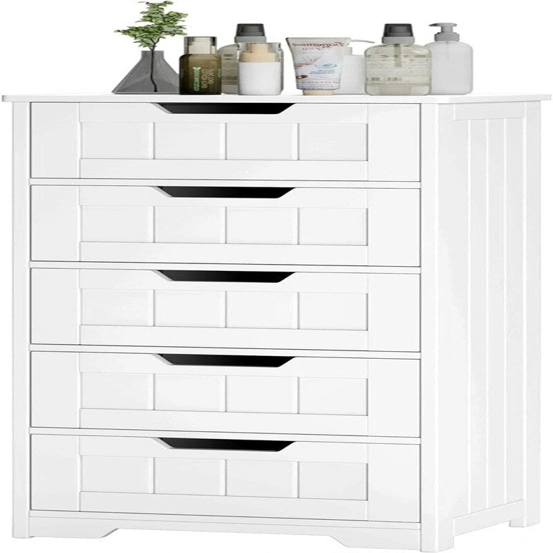 Meuble de rangement au sol à 5 tiroirs, finition bois blanc, pour 1 personne