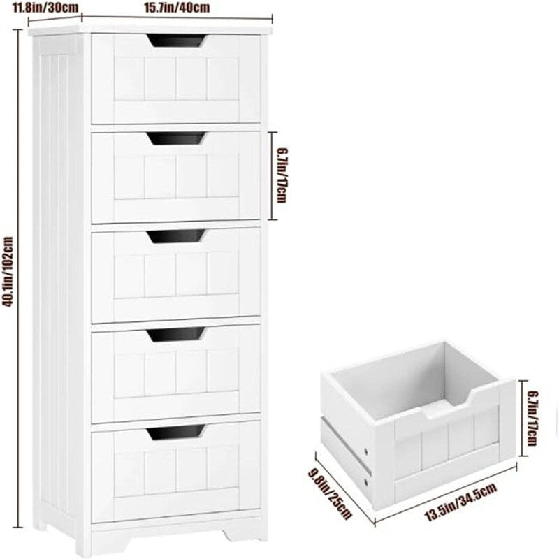 Meuble de rangement au sol à 5 tiroirs, finition bois blanc, pour 1 personne