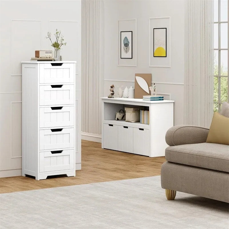 Meuble de rangement au sol à 5 tiroirs, finition bois blanc, pour 1 personne