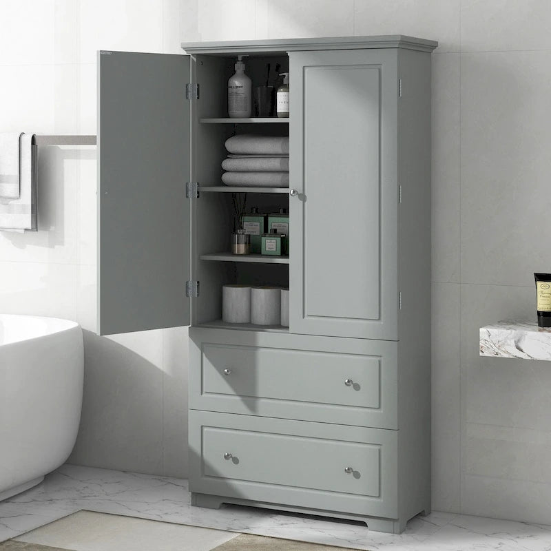 Meuble de rangement gris autoportant avec 2 tiroirs, 2 portes et étagères réglables