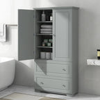 Meuble de rangement gris autoportant avec 2 tiroirs, 2 portes et étagères réglables