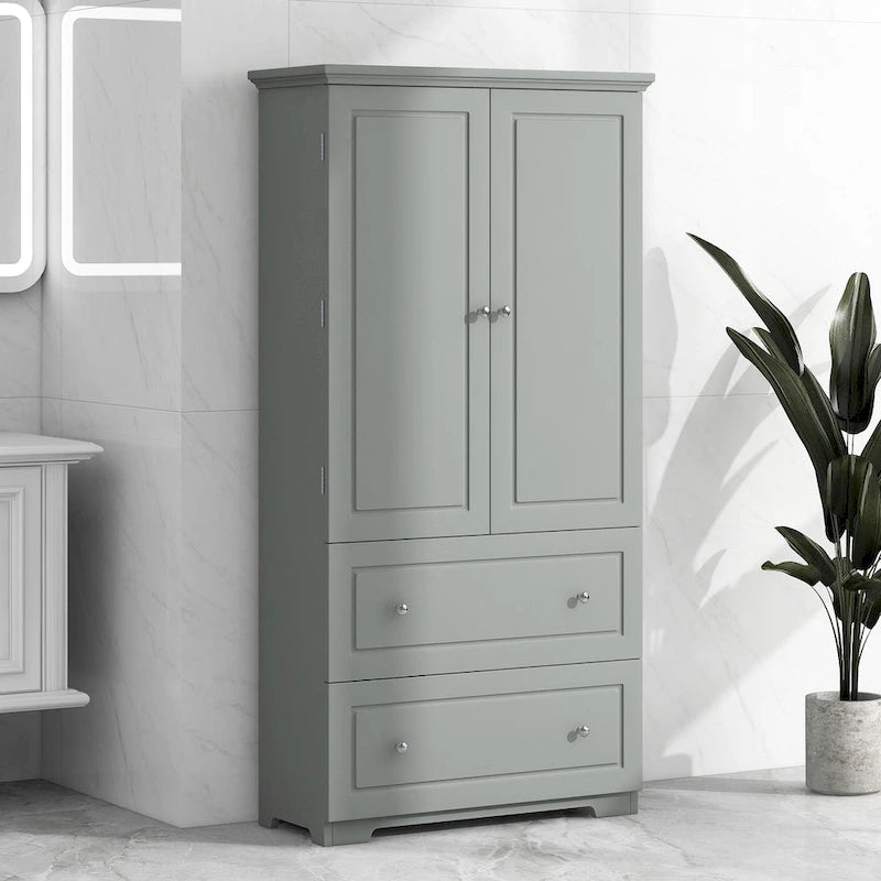 Meuble de rangement gris autoportant avec 2 tiroirs, 2 portes et étagères réglables