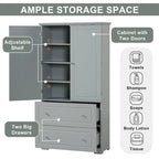 Meuble de rangement gris autoportant avec 2 tiroirs, 2 portes et étagères réglables