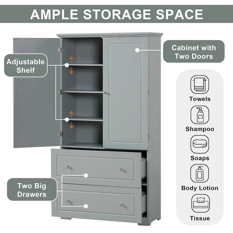 Meuble de rangement gris autoportant avec 2 tiroirs, 2 portes et étagères réglables